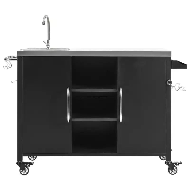 55.5 Îlot de cuisine d'extérieur avec évier, table de préparation en acier inoxydable avec porte-épices et roulettes verrouillables, chariot de barbecue, noir - ModernLuxe