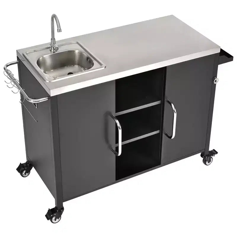 55.5 Îlot de cuisine d'extérieur avec évier, table de préparation en acier inoxydable avec porte-épices et roulettes verrouillables, chariot de barbecue, noir - ModernLuxe