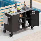 55.5 Îlot de cuisine d'extérieur avec évier, table de préparation en acier inoxydable avec porte-épices et roulettes verrouillables, chariot de barbecue, noir - ModernLuxe