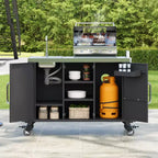 55.5 Îlot de cuisine d'extérieur avec évier, table de préparation en acier inoxydable avec porte-épices et roulettes verrouillables, chariot de barbecue, noir - ModernLuxe