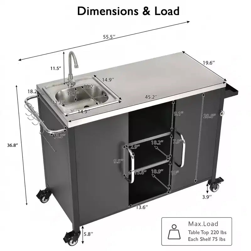 55.5 Îlot de cuisine d'extérieur avec évier, table de préparation en acier inoxydable avec porte-épices et roulettes verrouillables, chariot de barbecue, noir - ModernLuxe