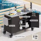 55.5 Îlot de cuisine d'extérieur avec évier, table de préparation en acier inoxydable avec porte-épices et roulettes verrouillables, chariot de barbecue, noir - ModernLuxe