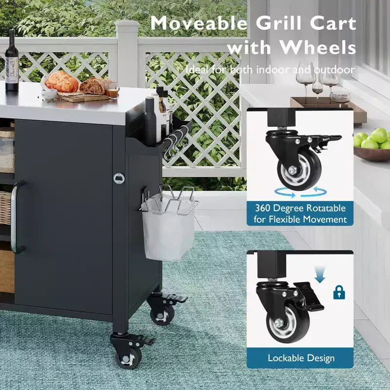 55.5 Îlot de cuisine d'extérieur avec évier, table de préparation en acier inoxydable avec porte-épices et roulettes verrouillables, chariot de barbecue, noir - ModernLuxe
