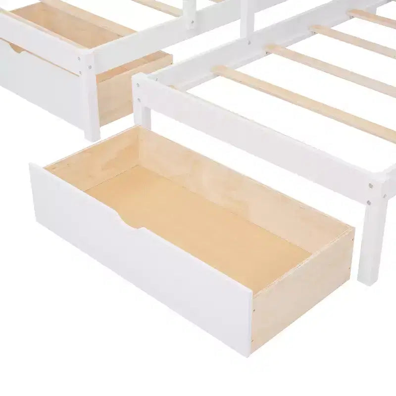 Lit superposé triple en bois Whisen, lit superposé double sur lits jumeaux avec tiroirs et garde-corps
