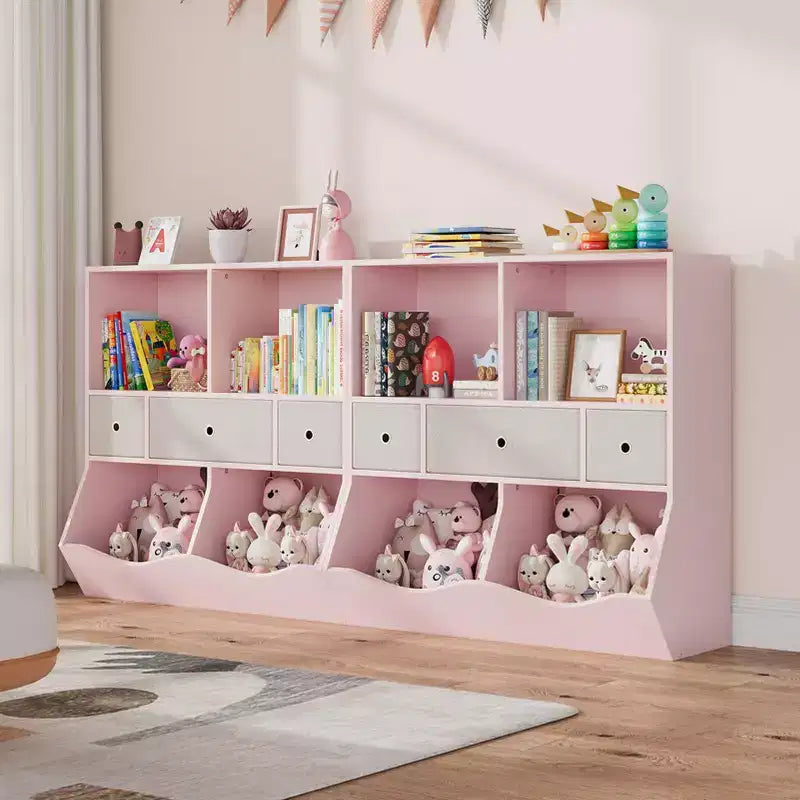 Organisateur de rangement pour jouets à 3 niveaux avec tiroirs et 4 compartiments – Étagère à livres pour enfants autoportante pour salle de jeux, chambre de bébé, maternelle