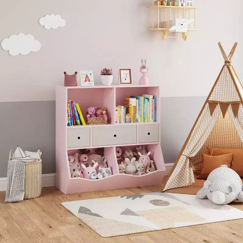 Organisateur de rangement pour jouets à 3 niveaux avec tiroirs et 4 compartiments – Étagère à livres pour enfants autoportante pour salle de jeux, chambre de bébé, maternelle