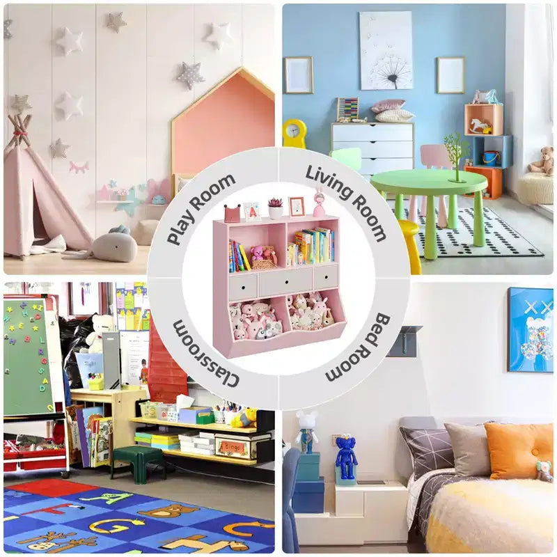 Organisateur de rangement pour jouets à 3 niveaux avec tiroirs et 4 compartiments – Étagère à livres pour enfants autoportante pour salle de jeux, chambre de bébé, maternelle