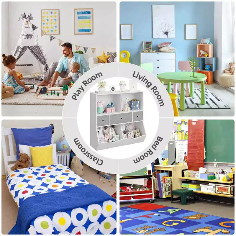 Organisateur de rangement pour jouets à 3 niveaux avec tiroirs et 4 compartiments – Étagère à livres pour enfants autoportante pour salle de jeux, chambre de bébé, maternelle