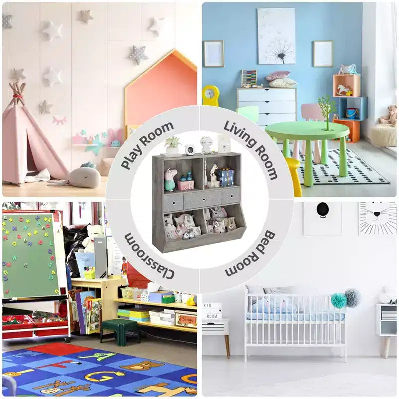 Organisateur de rangement pour jouets à 3 niveaux avec tiroirs et 4 compartiments – Étagère à livres pour enfants autoportante pour salle de jeux, chambre de bébé, maternelle