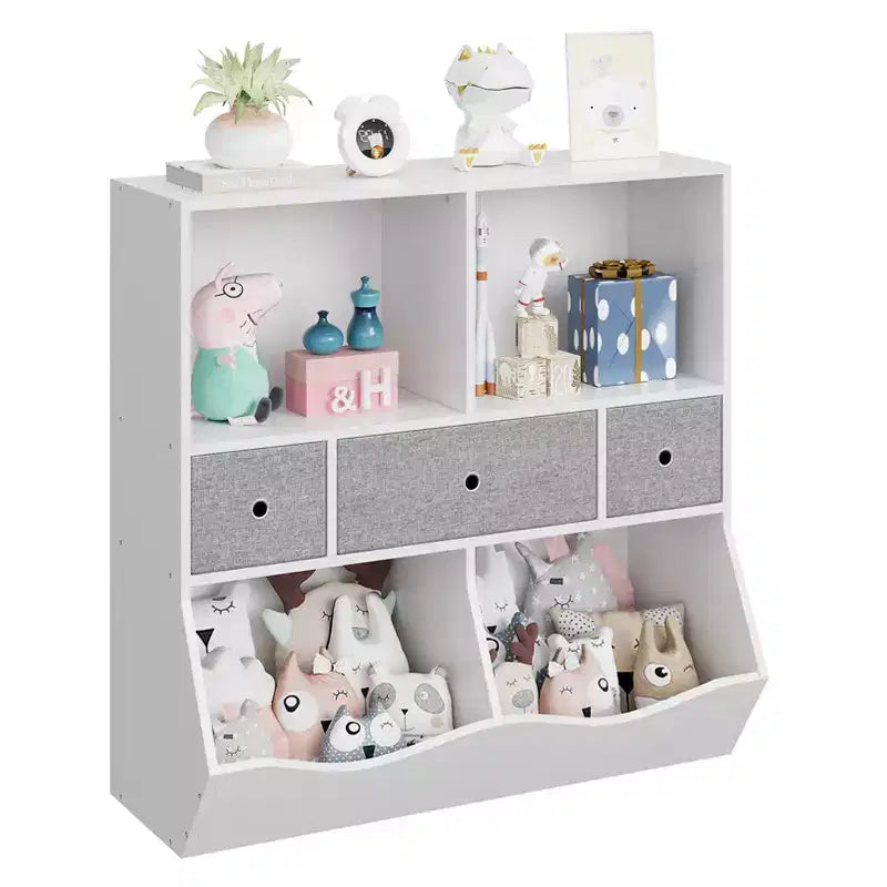Organisateur de rangement pour jouets à 3 niveaux avec tiroirs et 4 compartiments – Étagère à livres pour enfants autoportante pour salle de jeux, chambre de bébé, maternelle