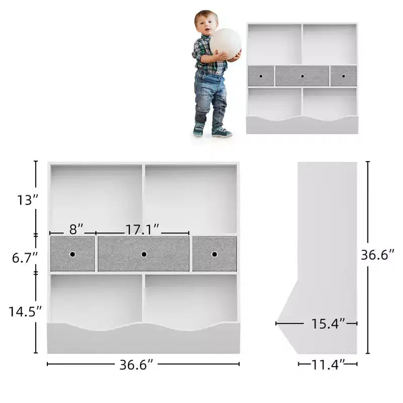 Organisateur de rangement pour jouets à 3 niveaux avec tiroirs et 4 compartiments – Étagère à livres pour enfants autoportante pour salle de jeux, chambre de bébé, maternelle