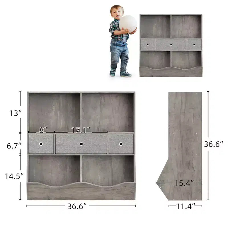 Organisateur de rangement pour jouets à 3 niveaux avec tiroirs et 4 compartiments – Étagère à livres pour enfants autoportante pour salle de jeux, chambre de bébé, maternelle