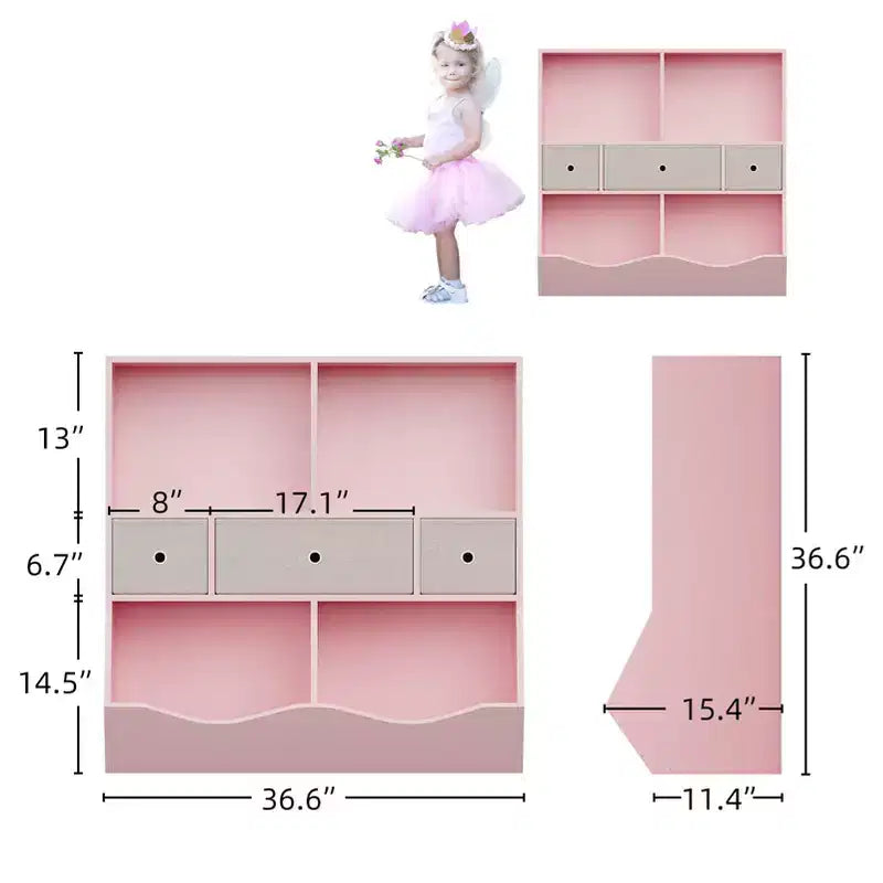 Organisateur de rangement pour jouets à 3 niveaux avec tiroirs et 4 compartiments – Étagère à livres pour enfants autoportante pour salle de jeux, chambre de bébé, maternelle
