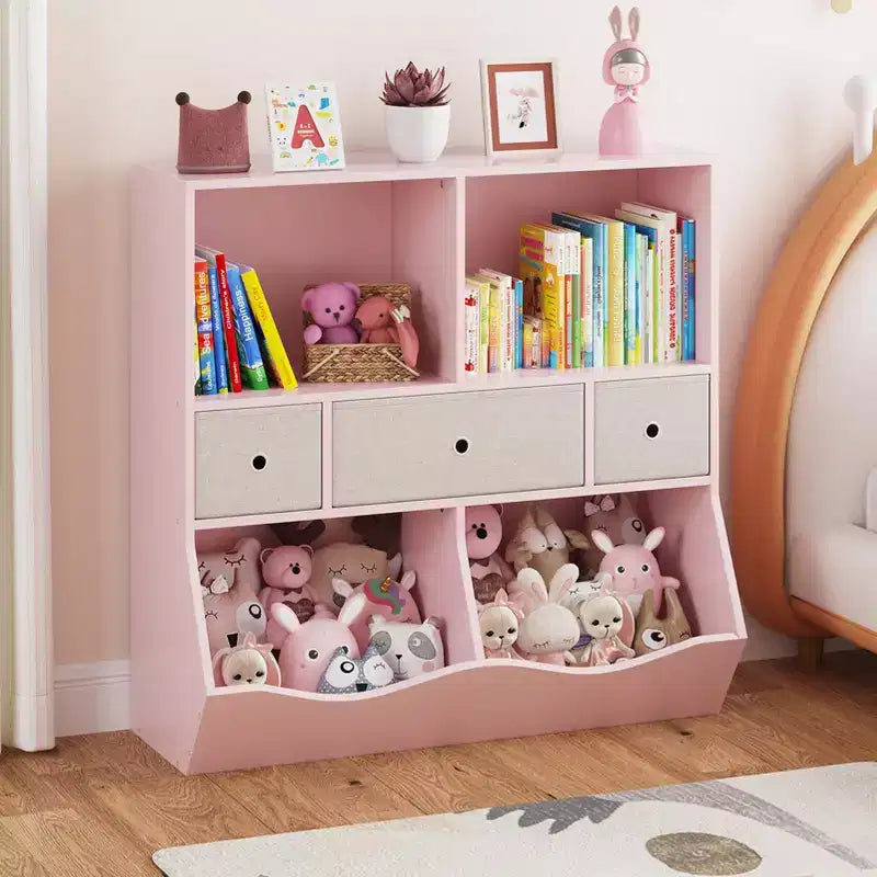 Organisateur de rangement pour jouets à 3 niveaux avec tiroirs et 4 compartiments – Étagère à livres pour enfants autoportante pour salle de jeux, chambre de bébé, maternelle