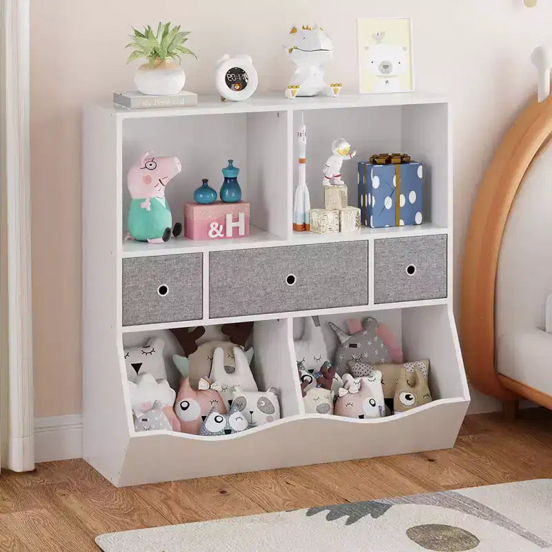 Organisateur de rangement pour jouets à 3 niveaux avec tiroirs et 4 compartiments – Étagère à livres pour enfants autoportante pour salle de jeux, chambre de bébé, maternelle