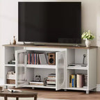 Meuble TV rustique 71 pouces, meuble de divertissement moderne avec portes vitrées ondulées, meuble TV ouvert, console média, pour salon, chambre à coucher