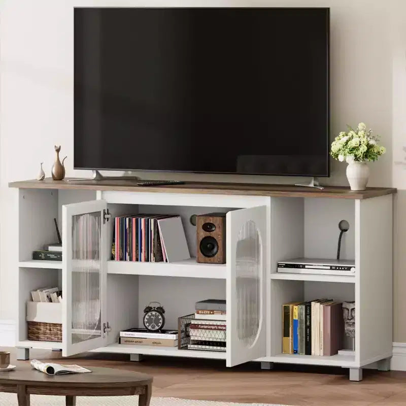 Meuble TV rustique 71 pouces, meuble de divertissement moderne avec portes vitrées ondulées, meuble TV ouvert, console média, pour salon, chambre à coucher