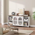 Meuble TV rustique 71 pouces, meuble de divertissement moderne avec portes vitrées ondulées, meuble TV ouvert, console média, pour salon, chambre à coucher
