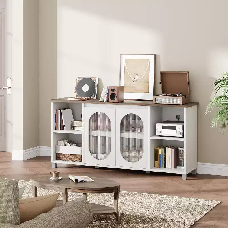 Meuble TV rustique 71 pouces, meuble de divertissement moderne avec portes vitrées ondulées, meuble TV ouvert, console média, pour salon, chambre à coucher