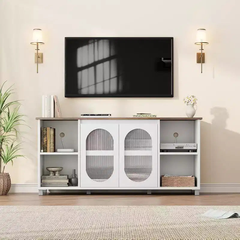 Meuble TV rustique 71 pouces, meuble de divertissement moderne avec portes vitrées ondulées, meuble TV ouvert, console média, pour salon, chambre à coucher