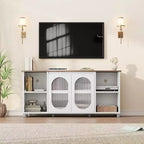 Meuble TV rustique 71 pouces, meuble de divertissement moderne avec portes vitrées ondulées, meuble TV ouvert, console média, pour salon, chambre à coucher