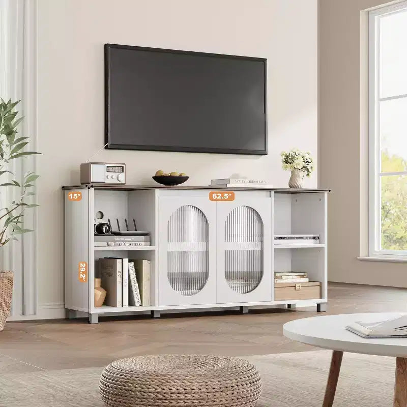 Meuble TV rustique 71 pouces, meuble de divertissement moderne avec portes vitrées ondulées, meuble TV ouvert, console média, pour salon, chambre à coucher