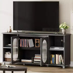 Meuble TV rustique 71 pouces, meuble de divertissement moderne avec portes vitrées ondulées, meuble TV ouvert, console média, pour salon, chambre à coucher