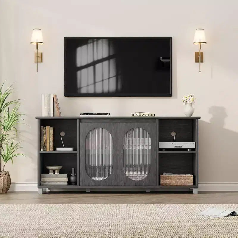 Meuble TV rustique 71 pouces, meuble de divertissement moderne avec portes vitrées ondulées, meuble TV ouvert, console média, pour salon, chambre à coucher