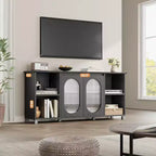 Meuble TV rustique 71 pouces, meuble de divertissement moderne avec portes vitrées ondulées, meuble TV ouvert, console média, pour salon, chambre à coucher
