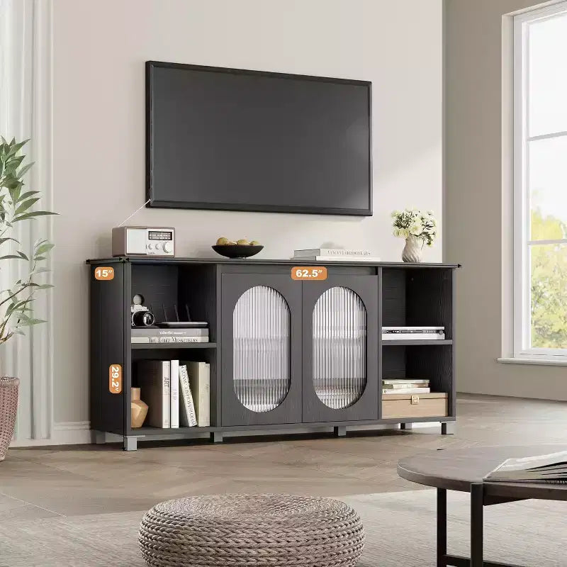 Meuble TV rustique 71 pouces, meuble de divertissement moderne avec portes vitrées ondulées, meuble TV ouvert, console média, pour salon, chambre à coucher