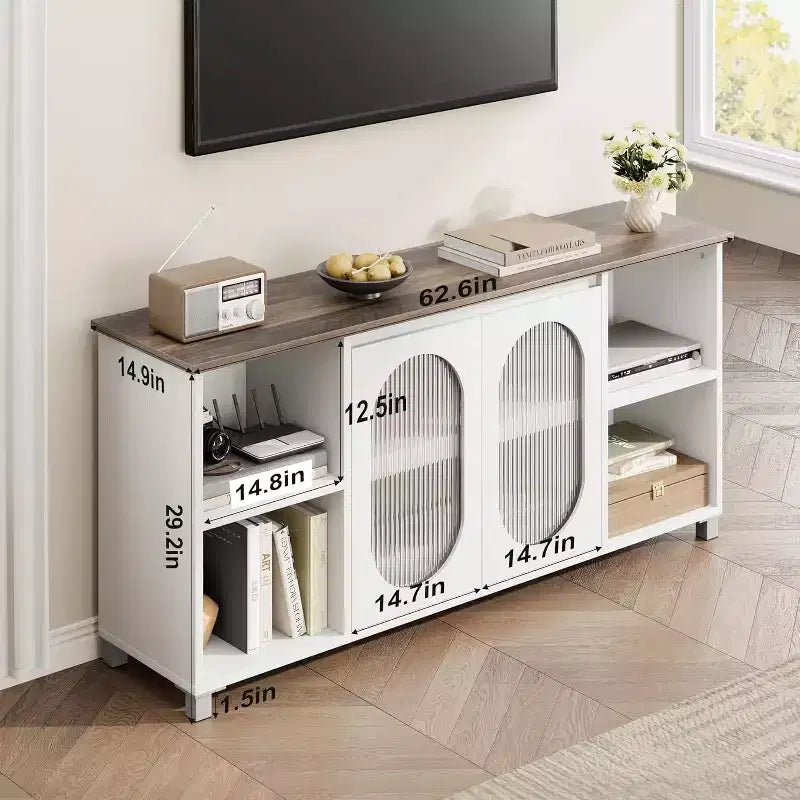 Meuble TV rustique 71 pouces, meuble de divertissement moderne avec portes vitrées ondulées, meuble TV ouvert, console média, pour salon, chambre à coucher