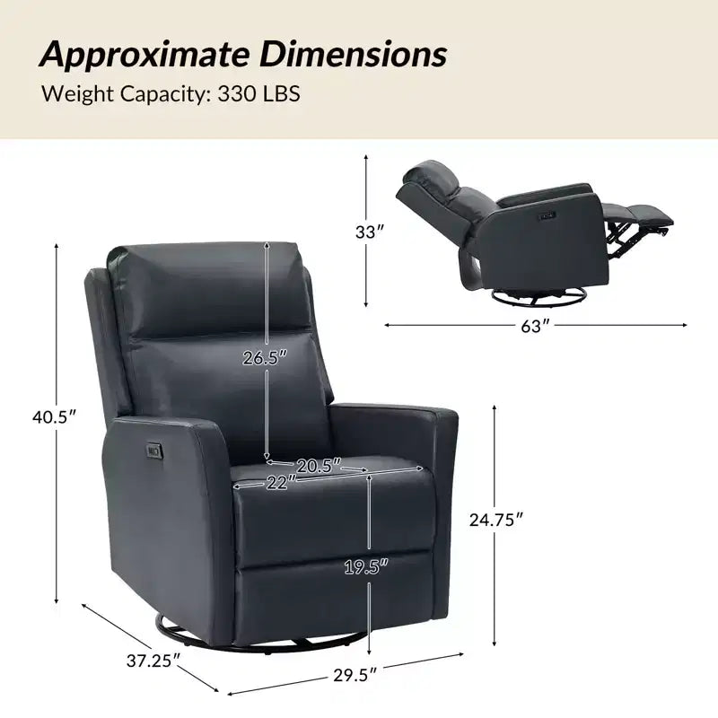 Fauteuil inclinable électrique de transition en cuir véritable Mario avec ports USB | ART OF LIVING DESIGNS-NAVY