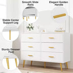 Commode à 6 tiroirs, commode moderne en bois avec poignées dorées et espace de rangement, chiffonnier