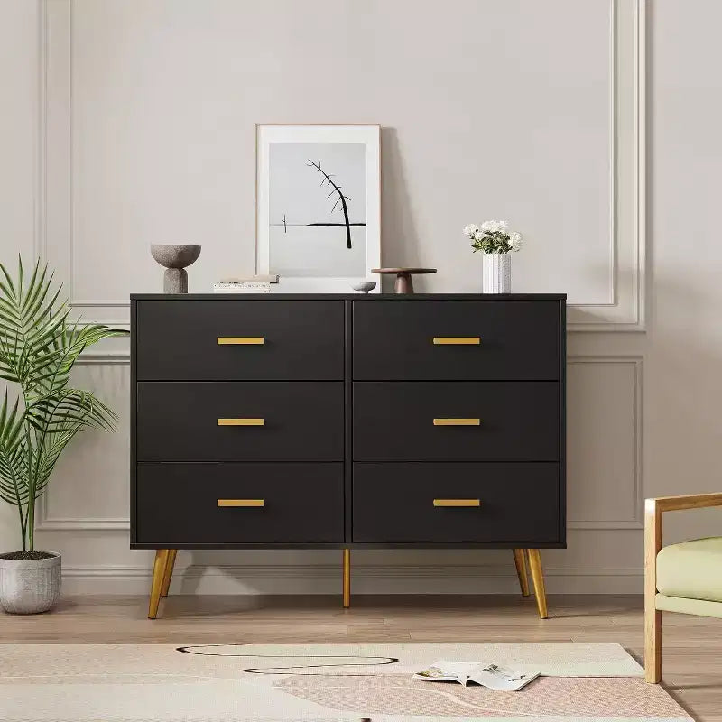 Commode à 6 tiroirs, commode moderne en bois avec poignées dorées et espace de rangement, chiffonnier