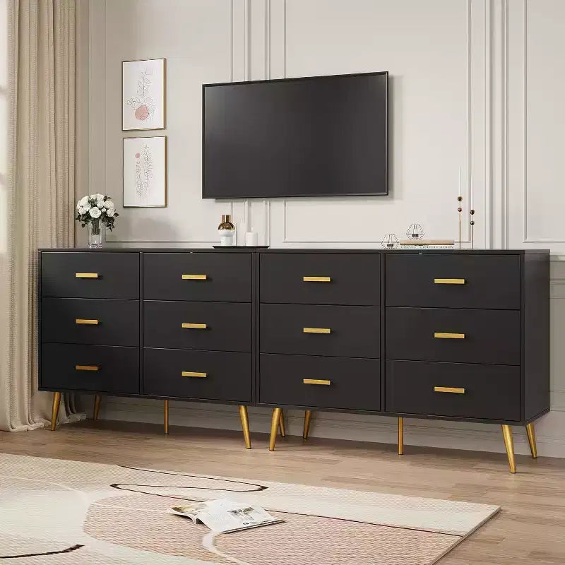 Commode à 6 tiroirs, commode moderne en bois avec poignées dorées et espace de rangement, chiffonnier