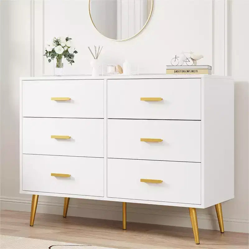 Commode à 6 tiroirs, commode moderne en bois avec poignées dorées et espace de rangement, chiffonnier