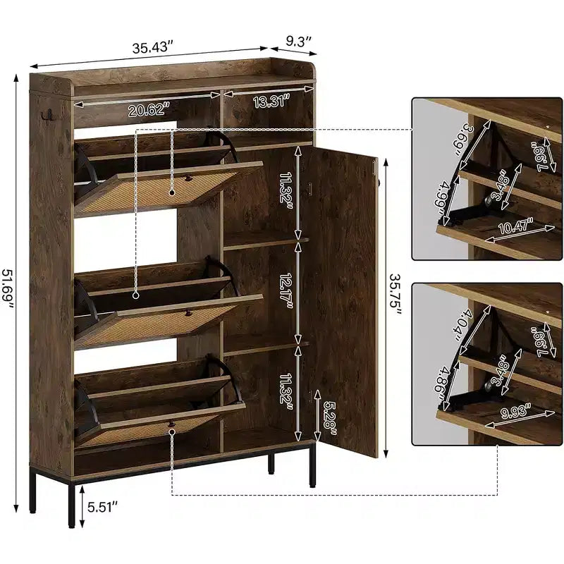 Meuble à chaussures en rotin avec tiroirs basculants, Organisateur de rangement étroit autoportant à 3 niveaux pour entrée