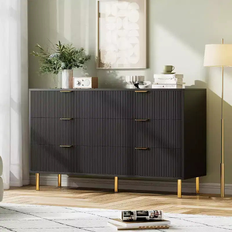 Commode à 6 tiroirs pour chambre à coucher, commode de rangement moderne en bois, avec poignées métalliques dorées et dispositif anti-basculement, pour salon