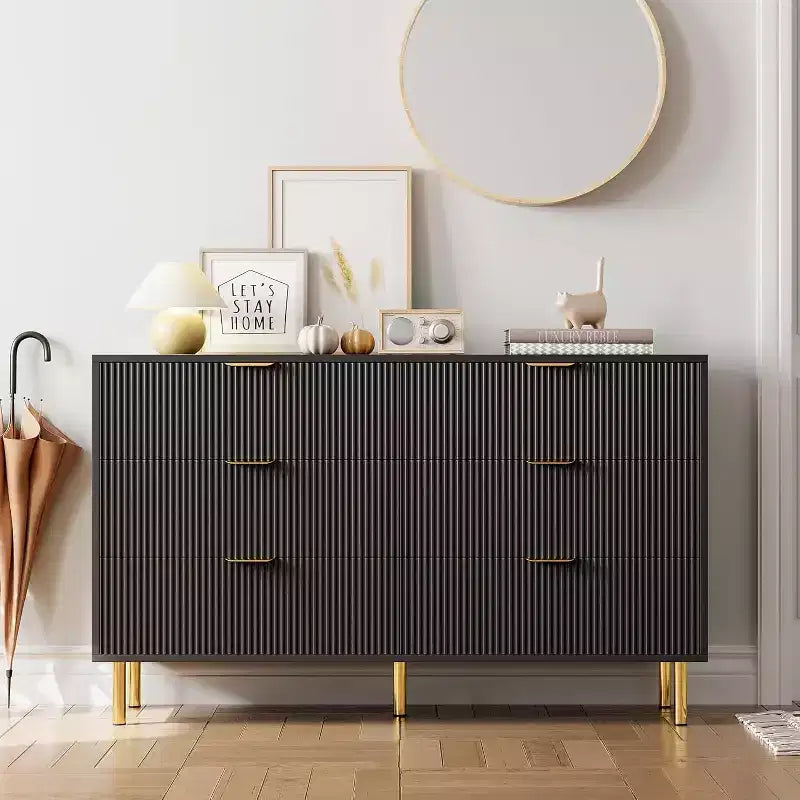 Commode à 6 tiroirs pour chambre à coucher, commode de rangement moderne en bois, avec poignées métalliques dorées et dispositif anti-basculement, pour salon