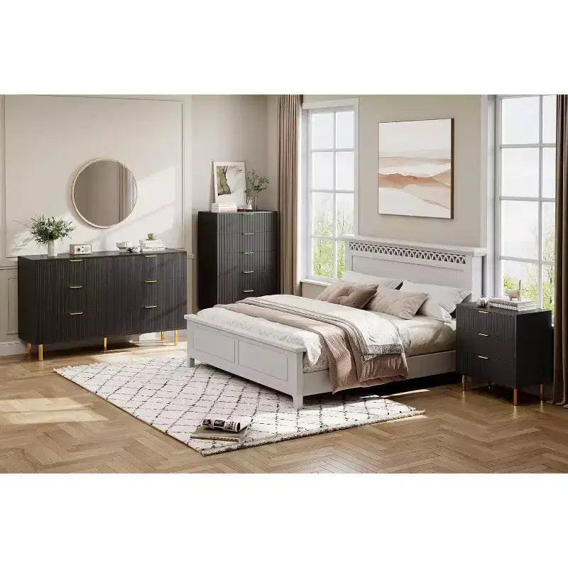 Commode à 6 tiroirs pour chambre à coucher, commode de rangement moderne en bois, avec poignées métalliques dorées et dispositif anti-basculement, pour salon