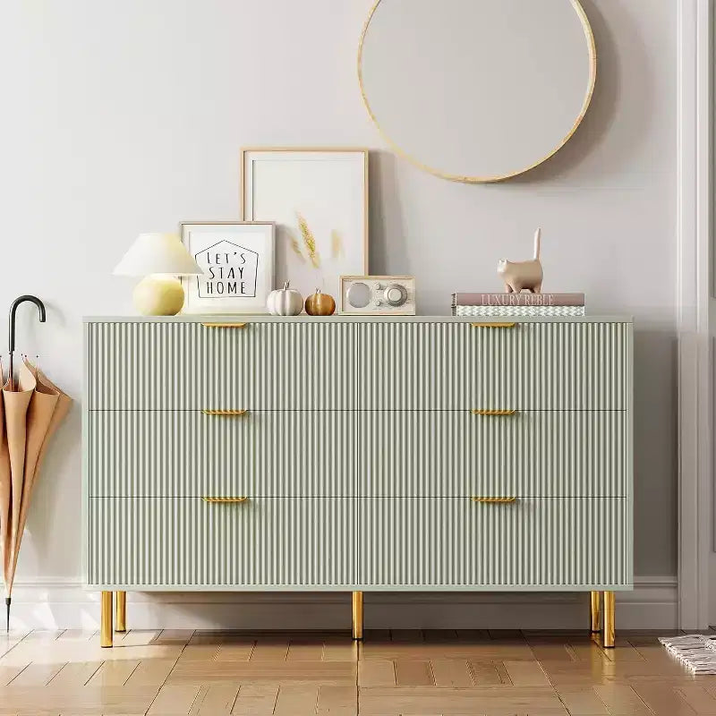 Commode à 6 tiroirs pour chambre à coucher, commode de rangement moderne en bois, avec poignées métalliques dorées et dispositif anti-basculement, pour salon