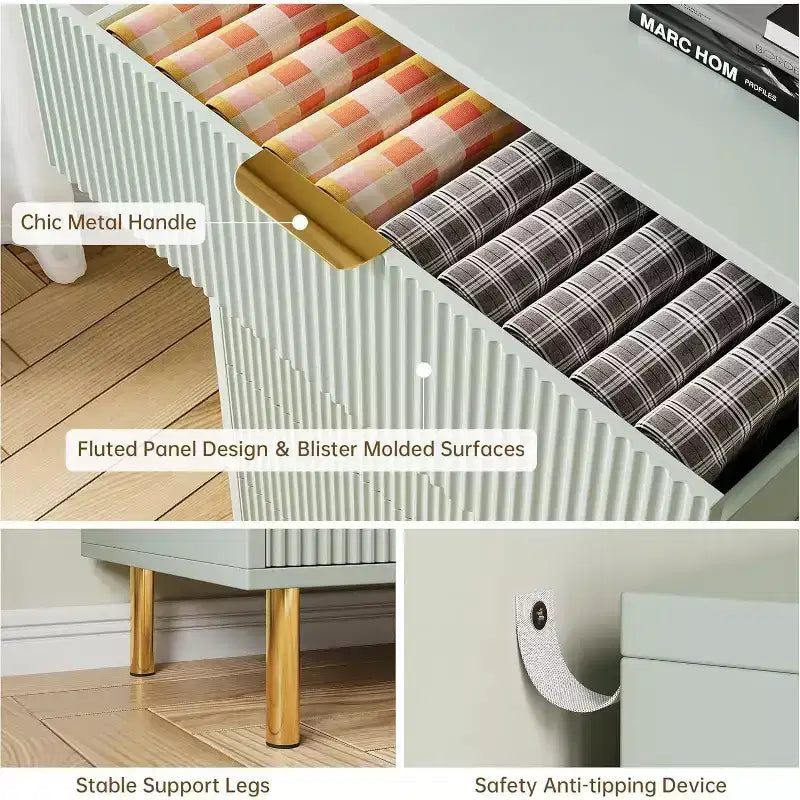 Commode à 6 tiroirs pour chambre à coucher, commode de rangement moderne en bois, avec poignées métalliques dorées et dispositif anti-basculement, pour salon