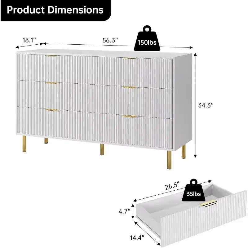 Commode à 6 tiroirs pour chambre à coucher, commode de rangement moderne en bois, avec poignées métalliques dorées et dispositif anti-basculement, pour salon