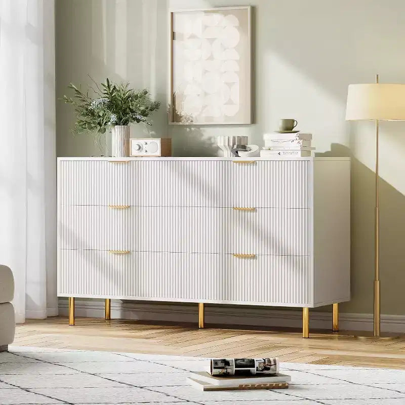 Commode à 6 tiroirs pour chambre à coucher, commode de rangement moderne en bois, avec poignées métalliques dorées et dispositif anti-basculement, pour salon