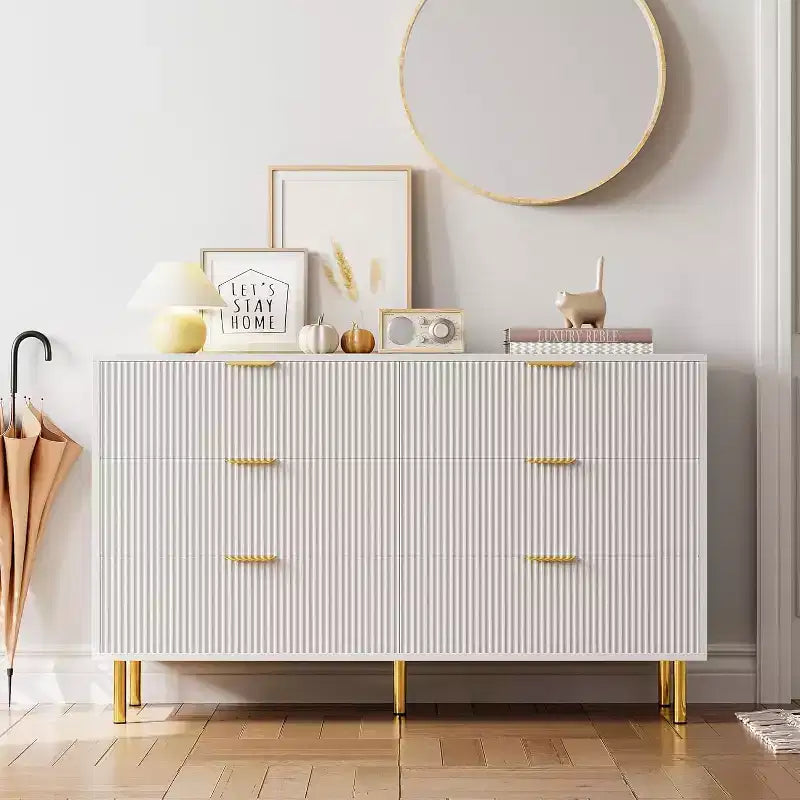 Commode à 6 tiroirs pour chambre à coucher, commode de rangement moderne en bois, avec poignées métalliques dorées et dispositif anti-basculement, pour salon