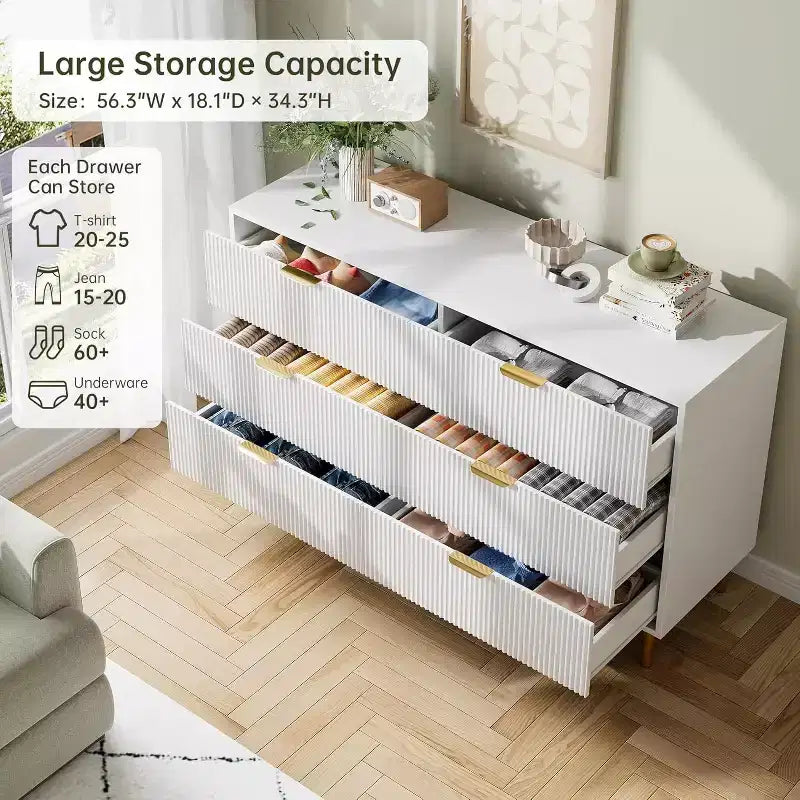 Commode à 6 tiroirs pour chambre à coucher, commode de rangement moderne en bois, avec poignées métalliques dorées et dispositif anti-basculement, pour salon