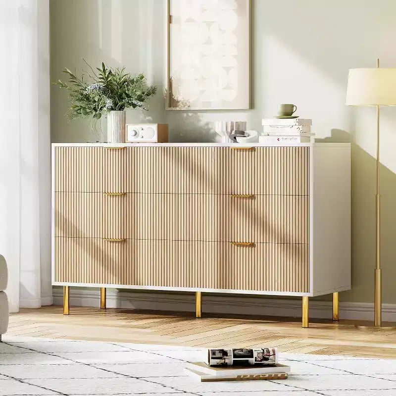 Commode à 6 tiroirs pour chambre à coucher, commode de rangement moderne en bois, avec poignées métalliques dorées et dispositif anti-basculement, pour salon