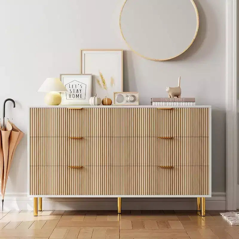 Commode à 6 tiroirs pour chambre à coucher, commode de rangement moderne en bois, avec poignées métalliques dorées et dispositif anti-basculement, pour salon