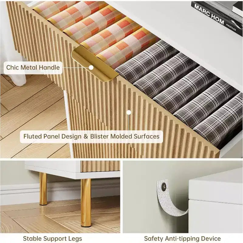 Commode à 6 tiroirs pour chambre à coucher, commode de rangement moderne en bois, avec poignées métalliques dorées et dispositif anti-basculement, pour salon