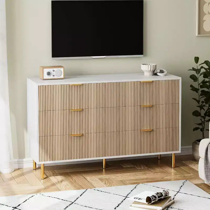 6 Drawer Dresser for Bedroom, Modern Wood Storage Dresser Organizer, with Gold Metal Handles & Anti-Tipping Device, for Living Room